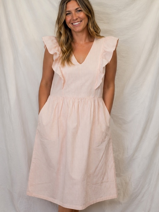 Hope & Henry Dresses & Skirts - Hope & Henry Blush Pink Midi Dress with Ruffle Shoulders
